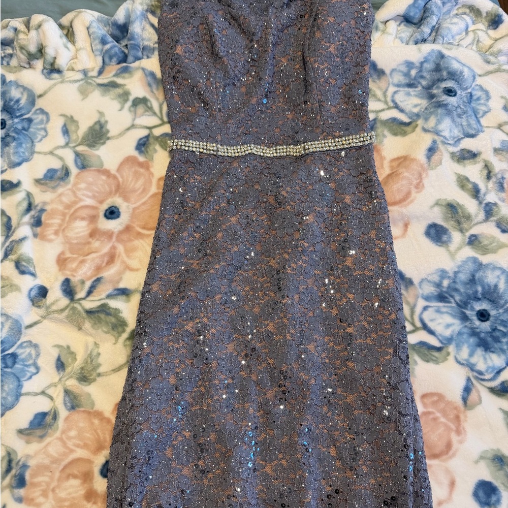 City Studio Strapless Sequin Lace Dress in Gray Blue